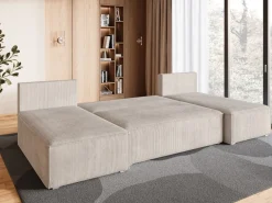 Narożniki>BROMARKT Duży beżowy narożnik sztruksowy z funkcją spania do salonu TOP U SLIM