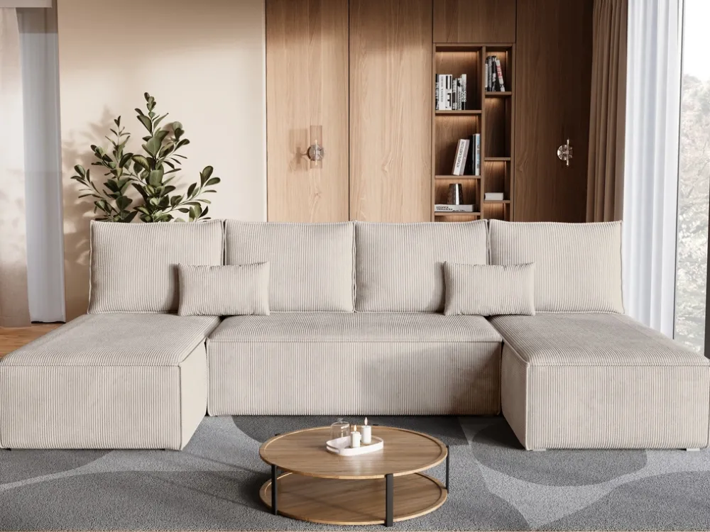 Narożniki>BROMARKT Duży beżowy narożnik sztruksowy z funkcją spania do salonu TOP U SLIM