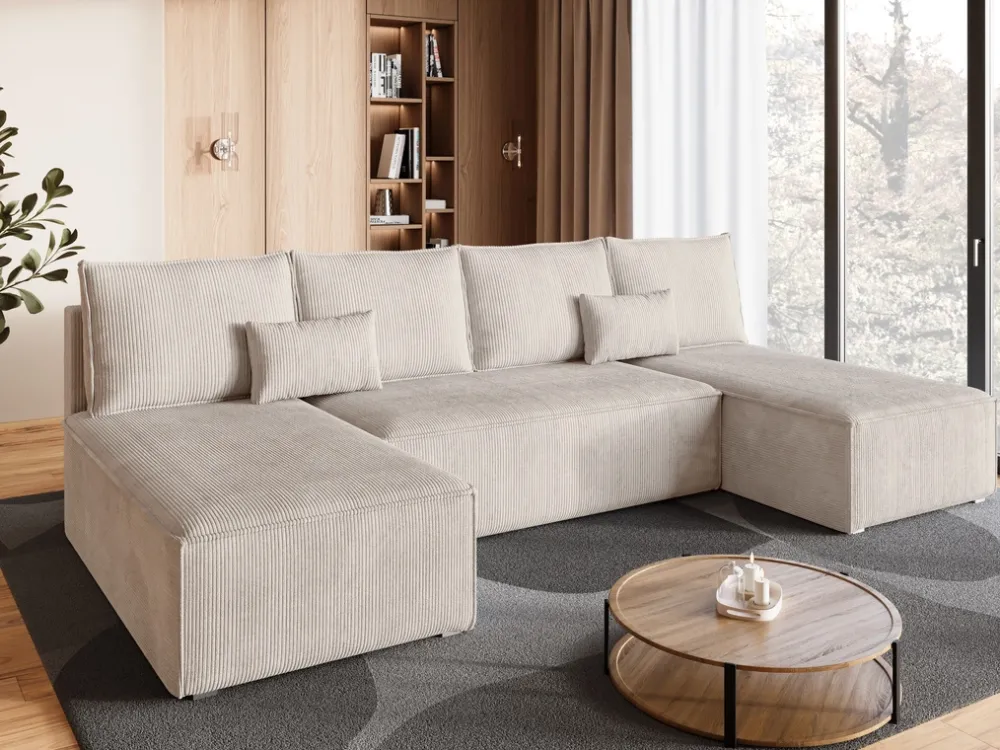 Narożniki>BROMARKT Duży beżowy narożnik sztruksowy z funkcją spania do salonu TOP U SLIM