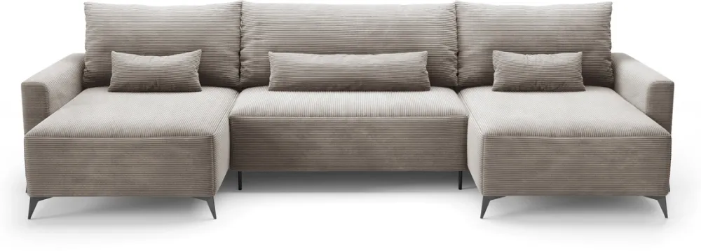 Narożniki>BROMARKT Duży beżowy sztruksowy narożnik rozkładany z funkcją spania w kształcie U LORENZO