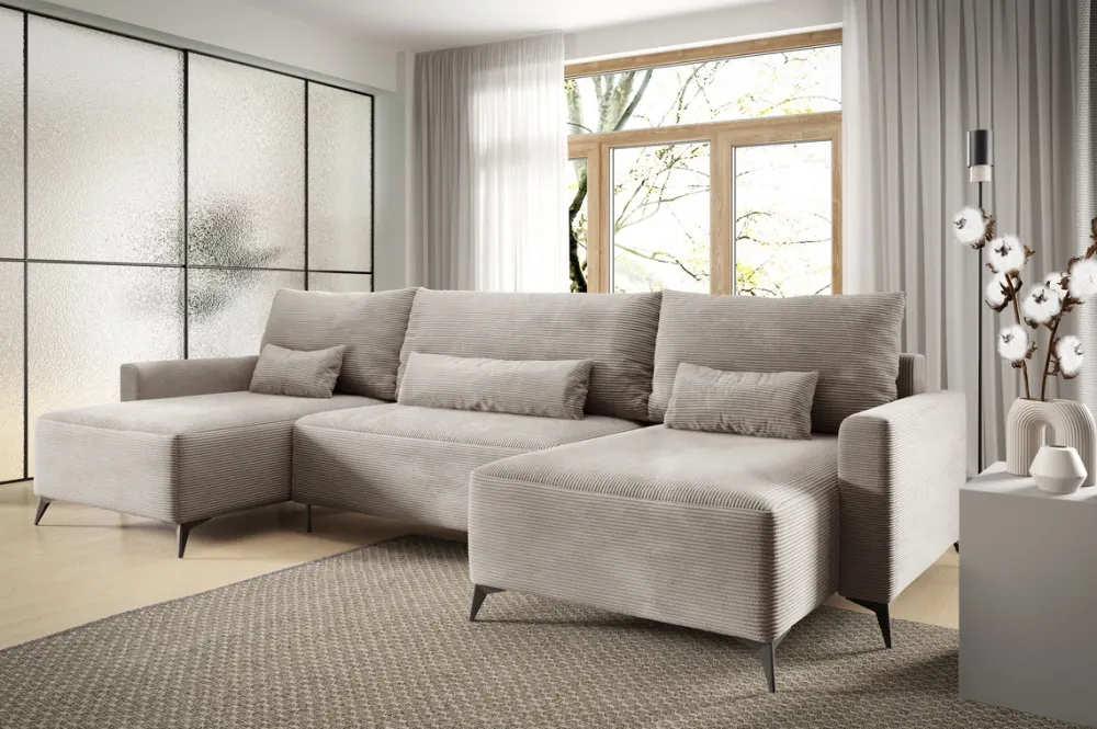 Narożniki>BROMARKT Duży beżowy sztruksowy narożnik rozkładany z funkcją spania w kształcie U LORENZO