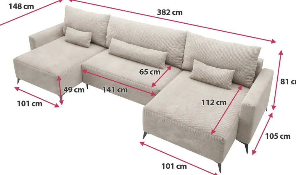 Narożniki>BROMARKT Duży beżowy sztruksowy narożnik rozkładany z funkcją spania w kształcie U LORENZO