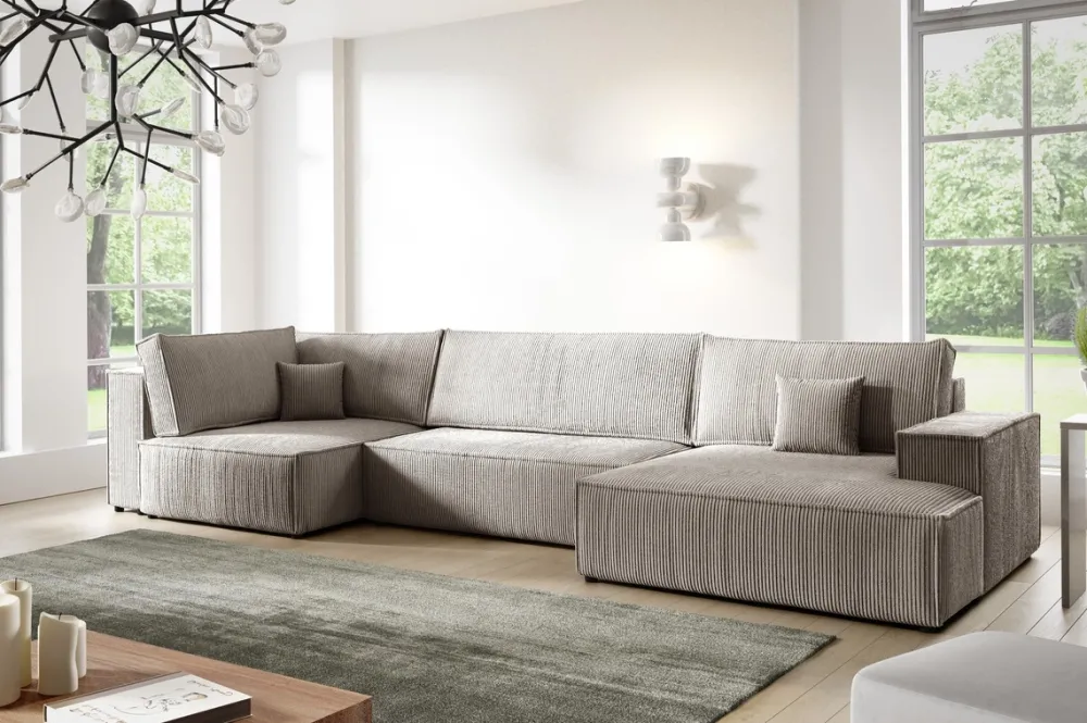 Narożniki>BROMARKT Duży narożnik do salonu sztruksowy rozkładany z funkcją spania beżowy PABLO MAXI