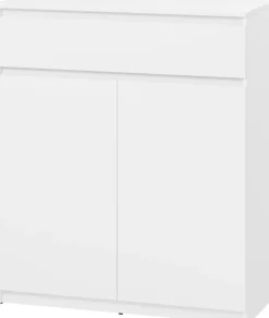 Komody>lenart. Dwudrzwiowa biała komoda do przedpokoju z półkami i szufladą SIMPLY biały