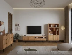 Zestawy Mebli Do Salonu|Komody></noscript>KAROL MEBLE Dwudrzwiowa komoda 150 cm do salonu z szufladami ELVIO hikora naturalna