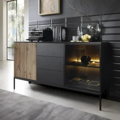 Zestawy Mebli Do Salonu|Komody></noscript>PIASKI Dwudrzwiowa komoda nowoczesna z szufladami i oświetleniem do salonu SEWILLA