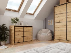 Komody></noscript>BROMARKT Dwudrzwiowa komoda przesuwna 120 cm z szufladami LOFT dąb artisan