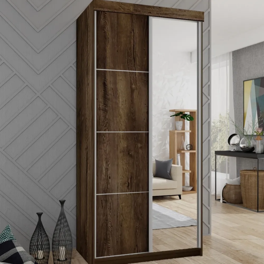 Szafy Przesuwne|Zestawy Mebli Do Przedpokoju>KIER Dwudrzwiowa szafa 100 cm z lustrem do sypialni TARO jesion ciemny dąb jesion ciemny