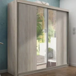 Szafy Dwudrzwiowe|Szafy Z Lustrem>KIER Dwudrzwiowa szafa 200 cm z lustrem do sypialni przesuwna TARO dąb sonoma