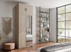 Zestawy Mebli Do Przedpokoju|Szafy Modułowe>Lempert Dwudrzwiowa szafa modułowa z lustrem 90 cm i nadstawką KUBA dąb sonoma