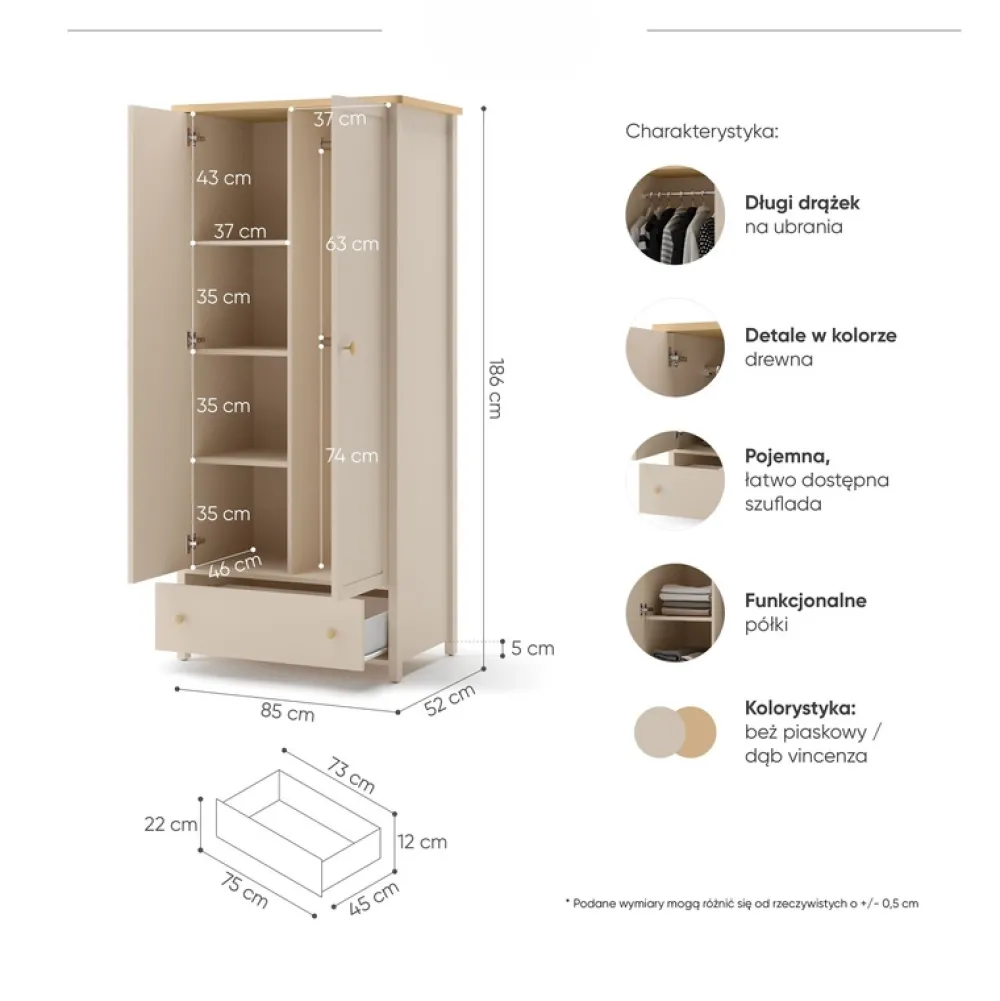 Szafy Otwierane>lenart. Dwudrzwiowa szafa młodzieżowa STORY z półkami i szufladą beż piaskowy