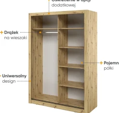 Zestawy Mebli Do Sypialni|Szafy Dwudrzwiowe></noscript>lenart. Dwudrzwiowa szafa przesuwna z lustrem 120 cm ARTI z półkami i drążkiem dąb artisan
