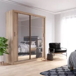 Zestawy Mebli Do Sypialni|Szafy Dwudrzwiowe></noscript>lenart. Dwudrzwiowa szafa przesuwna 180 cm z lustrem półki ARTI dąb shetland