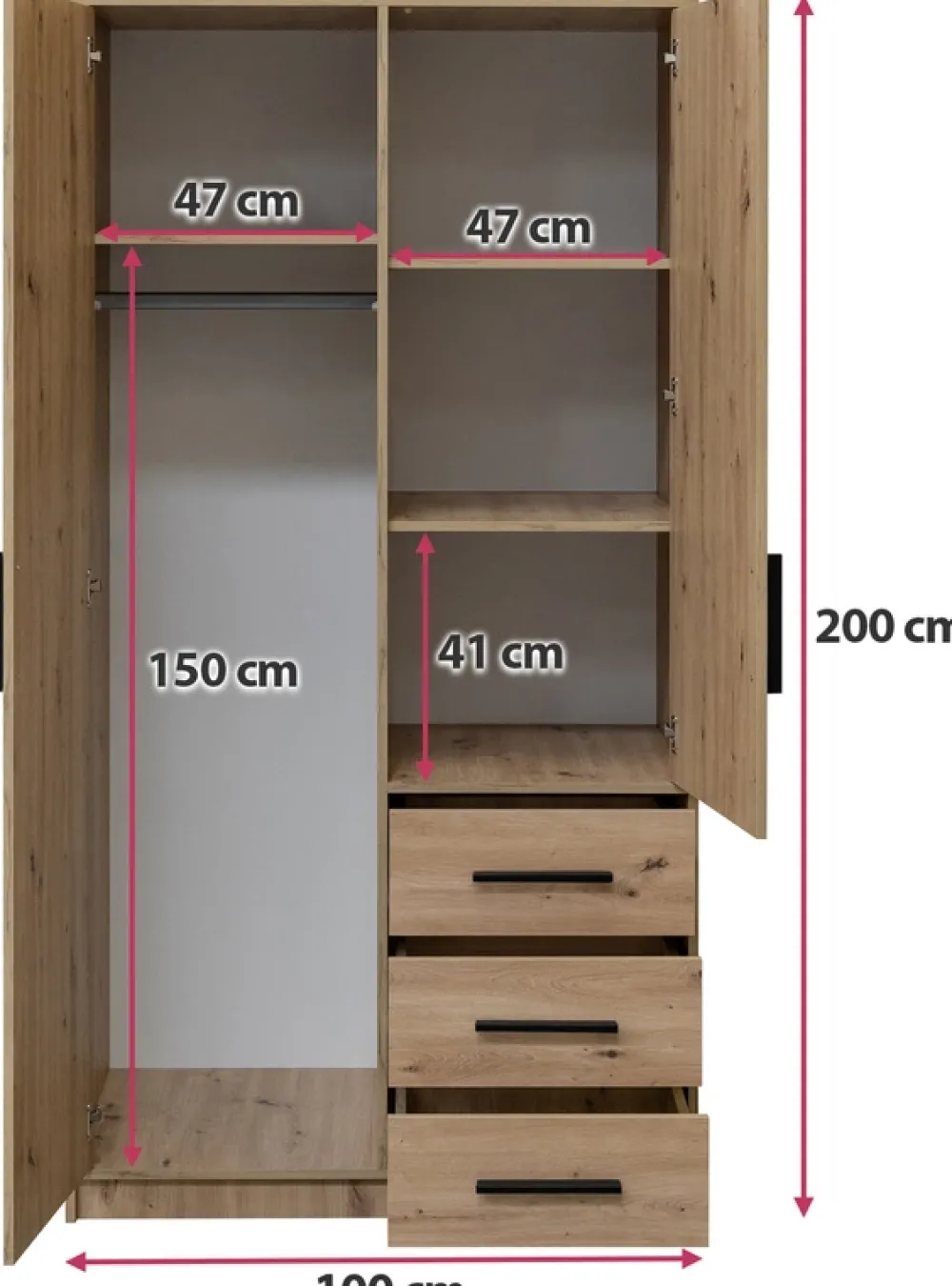 Szafy Dwudrzwiowe|Szafy Do Pokoju Dziecięcego>Stolar Dwudrzwiowa szafa uchylna z szufladami i drążkiem 100 cm LANTE