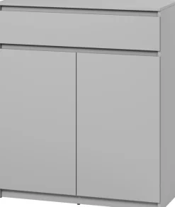 Komody>lenart. Dwudrzwiowa szara komoda do przedpokoju z półkami i szufladą SIMPLY szary