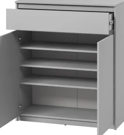 Komody>lenart. Dwudrzwiowa szara komoda do przedpokoju z półkami i szufladą SIMPLY szary