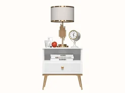 Szafki Nocne></noscript>ML Meble Elegancka szafka nocna do sypialni GOLDIN biały połysk