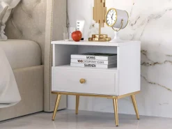 Szafki Nocne></noscript>ML Meble Elegancka szafka nocna do sypialni GOLDIN biały połysk