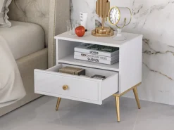 Szafki Nocne></noscript>ML Meble Elegancka szafka nocna do sypialni GOLDIN biały połysk