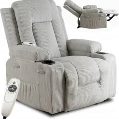 Fotele></noscript>MEBEL ELITE Fotel rozkładany do salonu z funkcją masażu BRANO szary sztruks
