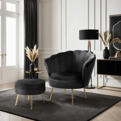 Fotele>MEBEL ELITE Fotel wypoczynkowy z podnóżkiem GISANO do salonu czarny welur