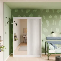 Zestawy Mebli Do Przedpokoju|Szafy Dwudrzwiowe></noscript>Arton Frezowana szafa przesuwna z lustrem do sypialni 150 cm ROYAL biały