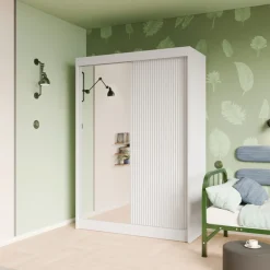 Zestawy Mebli Do Przedpokoju|Szafy Dwudrzwiowe></noscript>Arton Frezowana szafa przesuwna z lustrem do sypialni 150 cm ROYAL biały