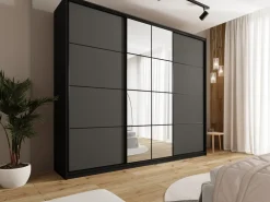 Zestawy Mebli Do Przedpokoju|Szafy Trzydrzwiowe></noscript>BROMARKT Grafit szafa przesuwna z lustrem i drążkami 280 cm EDGE MAX