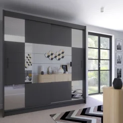 Szafy Dwudrzwiowe|Szafy Z Lustrem></noscript>Stolar Grafitowa dwudrzwiowa szafa przesuwna z lustrem 203 cm AMARA