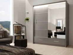 Szafy Dwudrzwiowe|Szafy Z Lustrem></noscript>Stolar owa szafa przesuwna 208 cm z lustrem i półkami MESTRE grafit