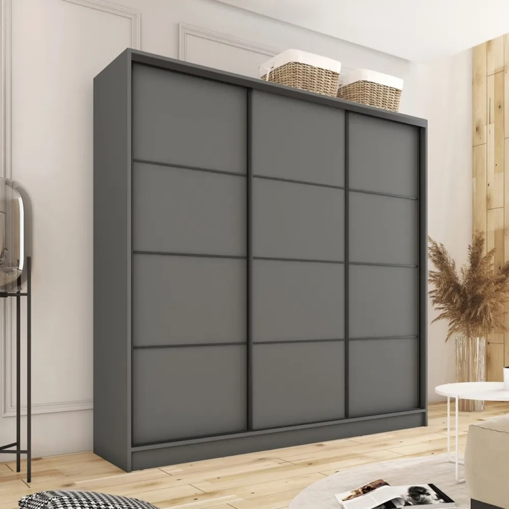 Zestawy Mebli Do Przedpokoju|Szafy Trzydrzwiowe>BROMARKT owa szafa przesuwna z szufladami i półkami 200 cm LOFT grafit