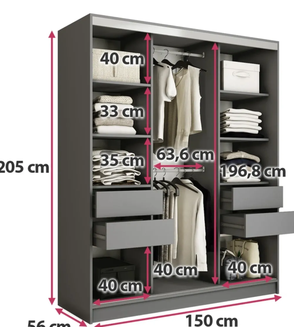 Szafy Trzydrzwiowe|Szafy Do Przedpokoju>BROMARKT owa szafa przesuwna z lustrem 150 cm TOP grafit