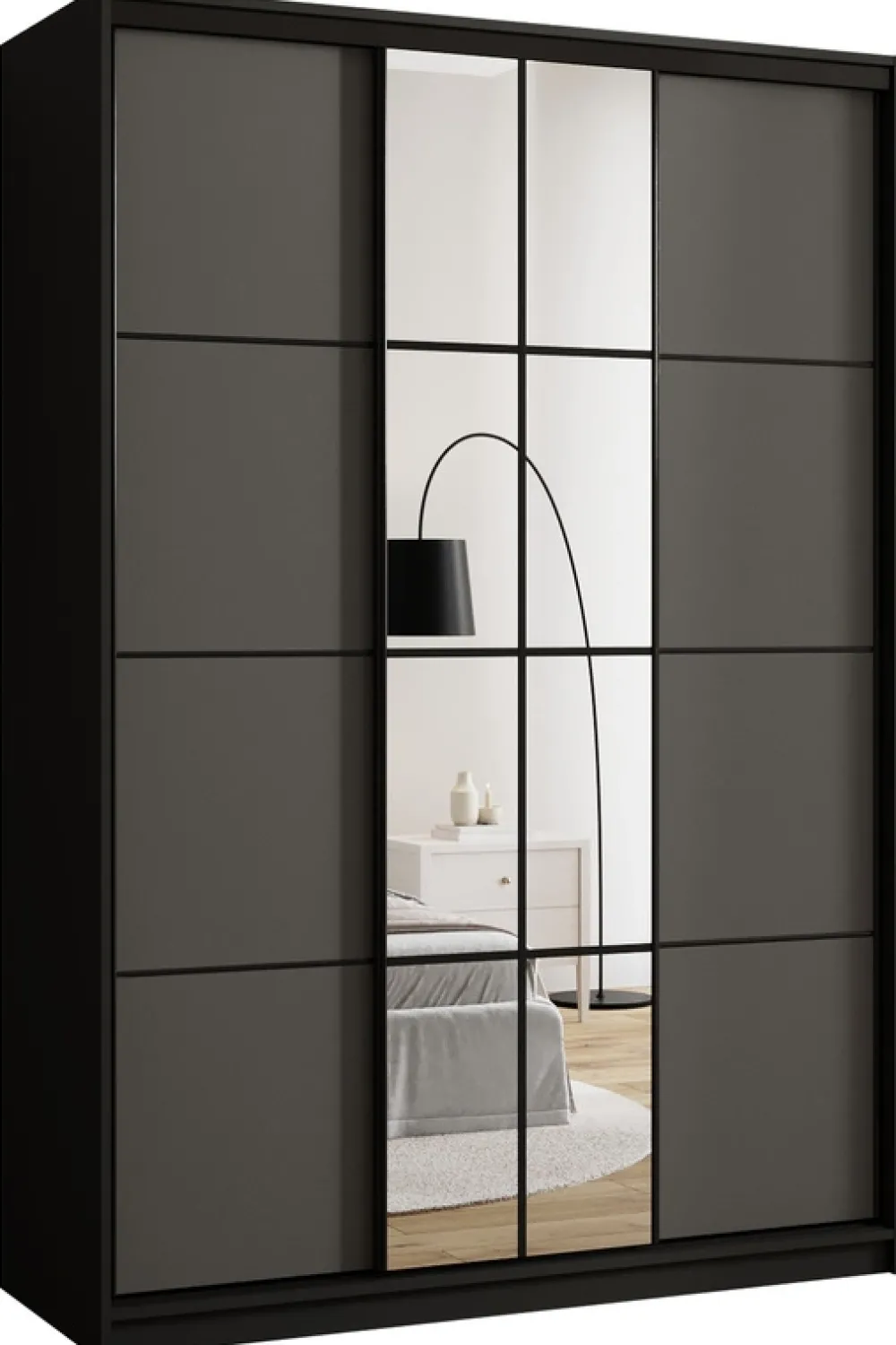 Zestawy Mebli Do Przedpokoju|Szafy Trzydrzwiowe>BROMARKT Grafitowa szafa przesuwna 150 cm z lustrem i półkami EDGE