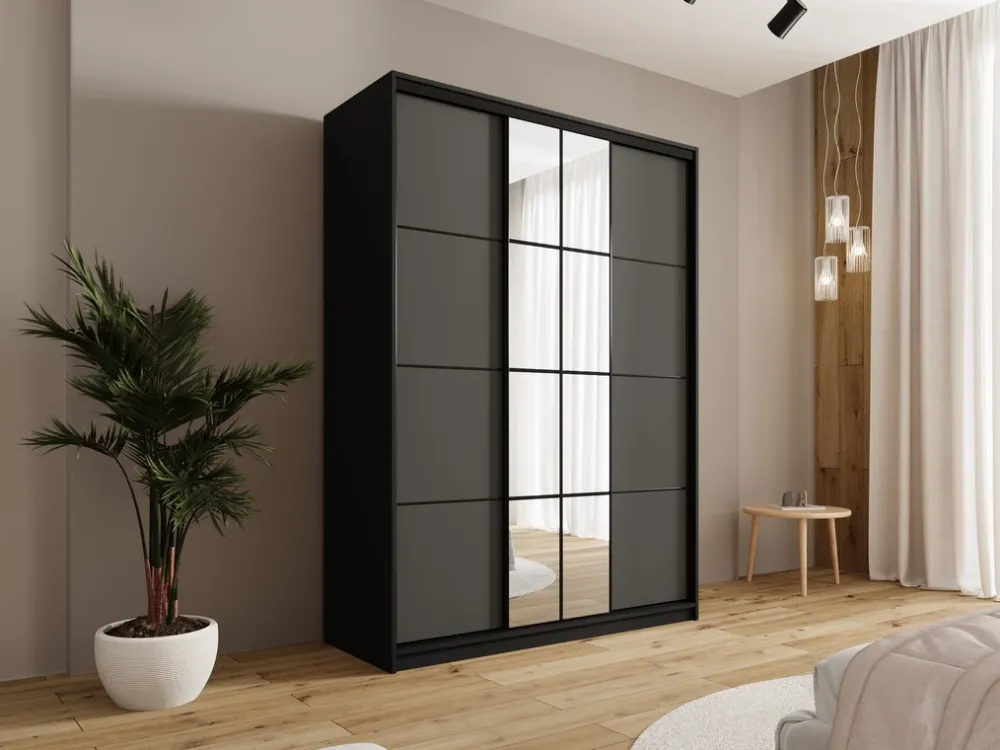 Zestawy Mebli Do Przedpokoju|Szafy Trzydrzwiowe>BROMARKT Grafitowa szafa przesuwna 150 cm z lustrem i półkami EDGE