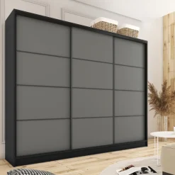 Zestawy Mebli Do Przedpokoju|Szafy Trzydrzwiowe></noscript>BROMARKT Grafitowa szafa przesuwna z szufladami i półkami 250 cm LOFT