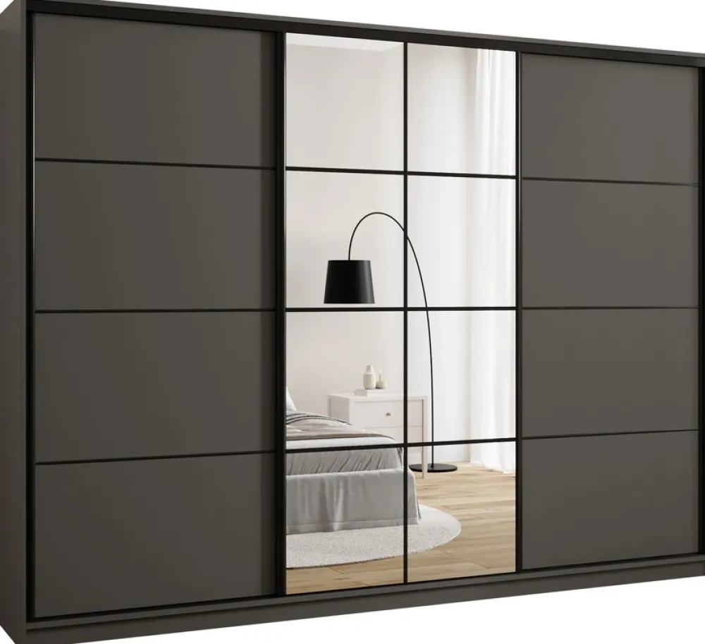 Szafy Trzydrzwiowe|Szafy Do Przedpokoju>BROMARKT owa szafa przesuwna z lustrem i drążkami 280 cm EDGE grafit