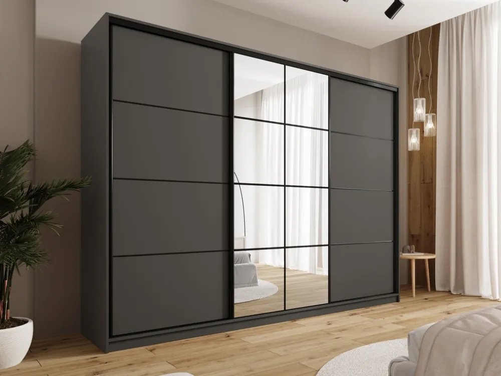 Szafy Trzydrzwiowe|Szafy Do Przedpokoju>BROMARKT owa szafa przesuwna z lustrem i drążkami 280 cm EDGE grafit