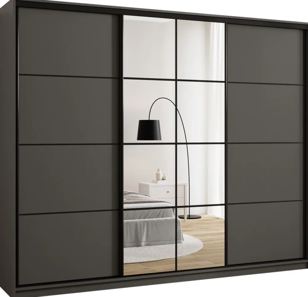 Zestawy Mebli Do Przedpokoju|Szafy Trzydrzwiowe>BROMARKT owa szafa przesuwna z lustrem 250 cm do sypialni EDGE grafit