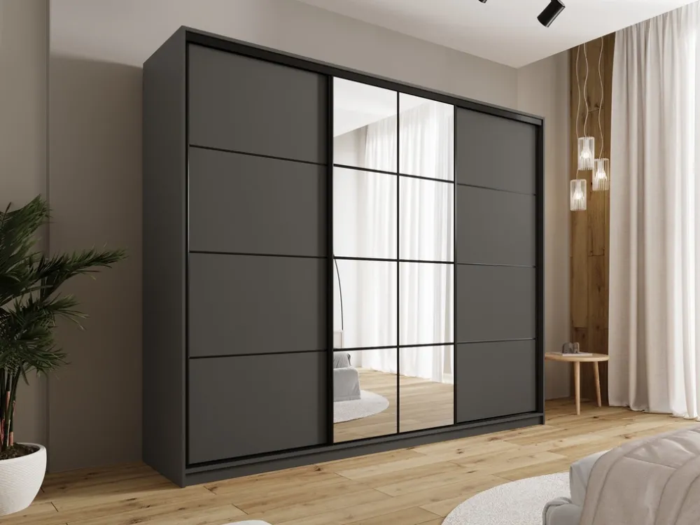 Zestawy Mebli Do Przedpokoju|Szafy Trzydrzwiowe>BROMARKT owa szafa przesuwna z lustrem 250 cm do sypialni EDGE grafit