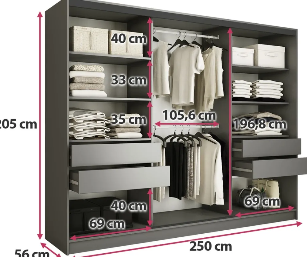Zestawy Mebli Do Przedpokoju|Szafy Trzydrzwiowe>BROMARKT owa szafa przesuwna z lustrem 250 cm do sypialni EDGE grafit