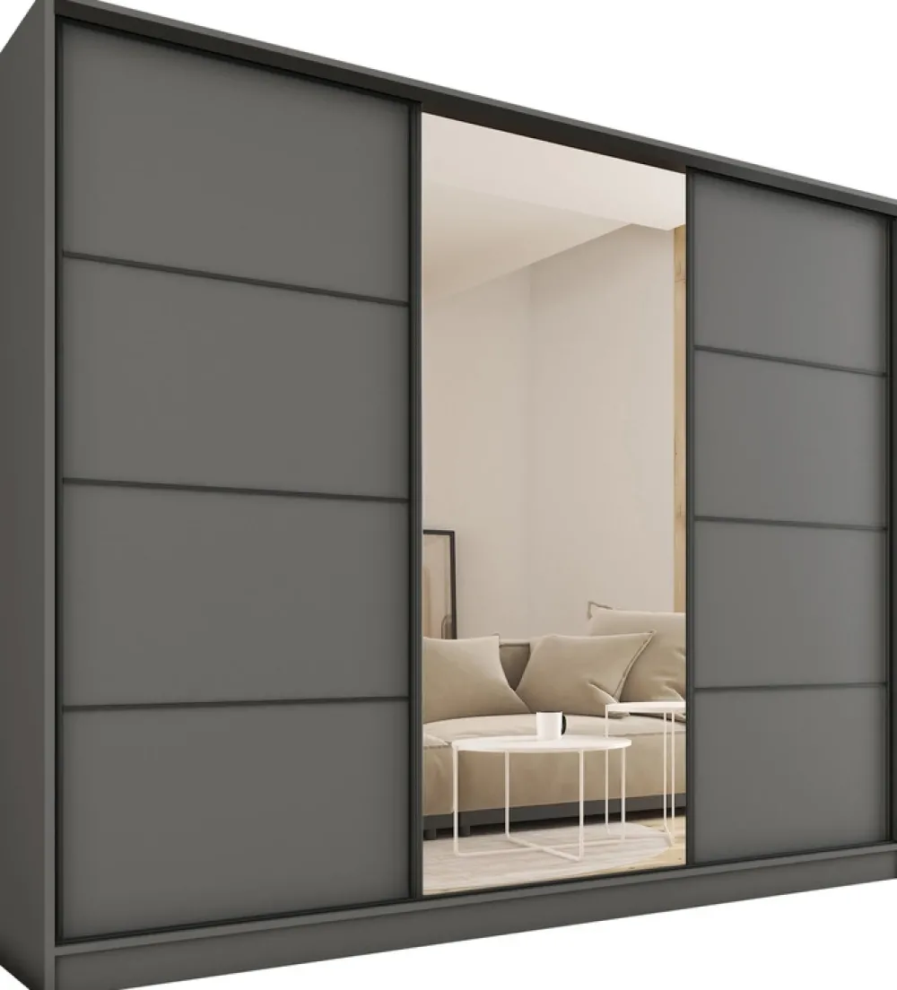 Zestawy Mebli Do Przedpokoju|Szafy Trzydrzwiowe>BROMARKT owa szafa przesuwna z lustrem 250 cm do sypialni LOFT MAX grafit