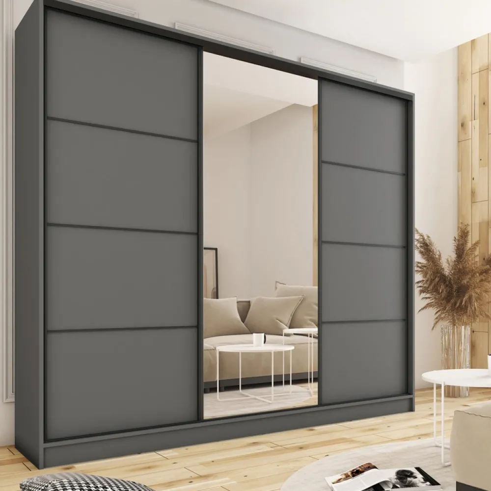 Zestawy Mebli Do Przedpokoju|Szafy Trzydrzwiowe>BROMARKT owa szafa przesuwna z lustrem 250 cm do sypialni LOFT MAX grafit