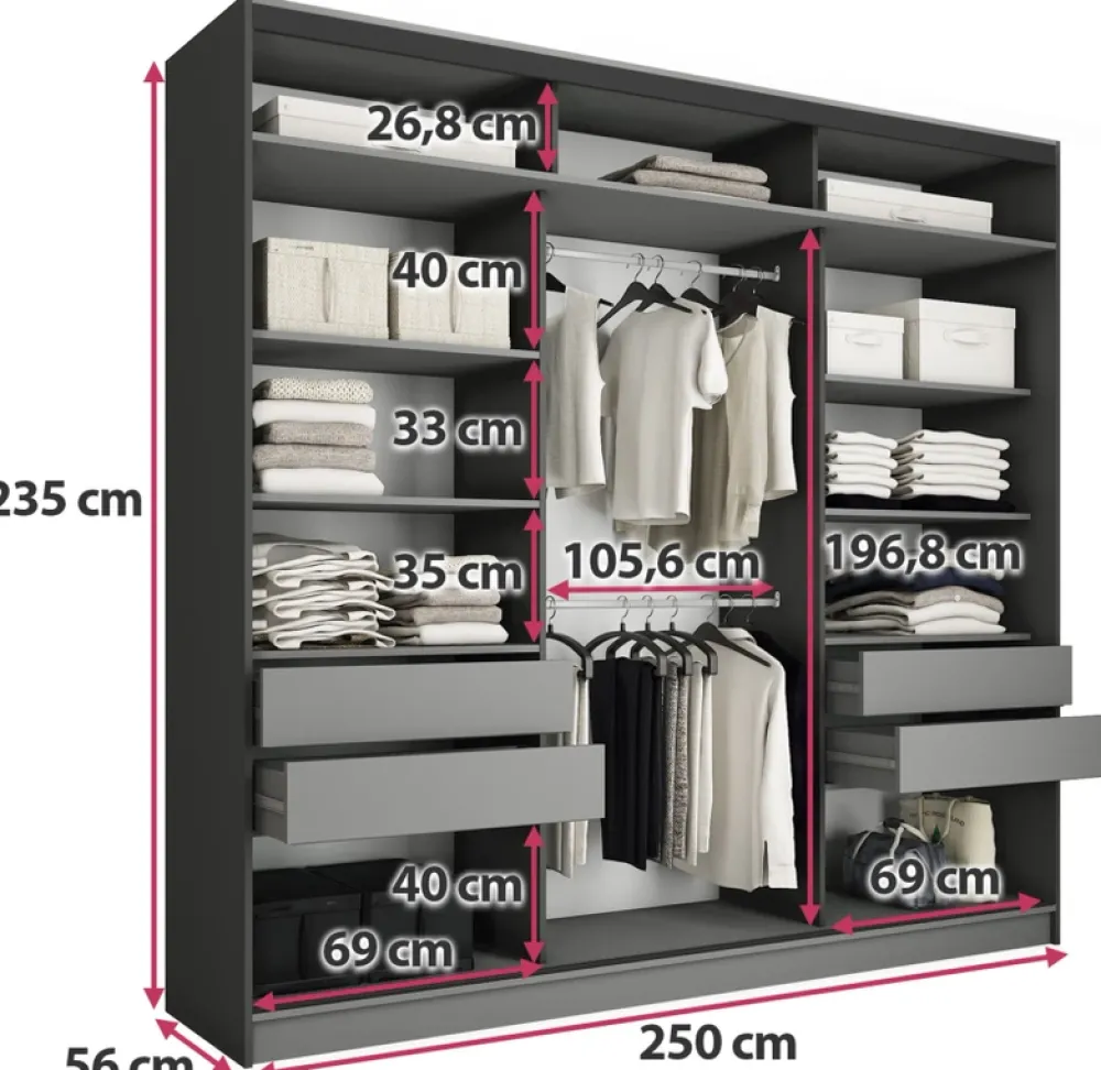 Zestawy Mebli Do Przedpokoju|Szafy Trzydrzwiowe>BROMARKT owa szafa przesuwna z lustrem 250 cm do sypialni LOFT MAX grafit