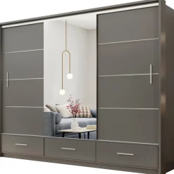 Szafy Trzydrzwiowe|Szafy Z Lustrem>Stolar owa szafa przesuwna 250 cm z lustrem i półkami MESTRE grafit