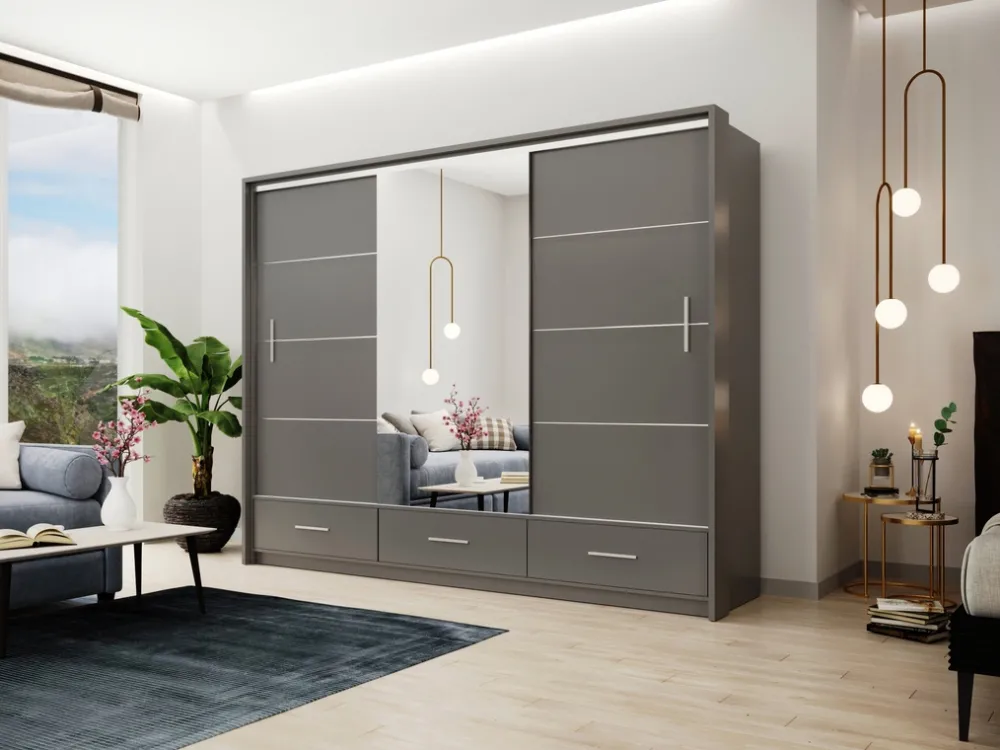 Szafy Trzydrzwiowe|Szafy Z Lustrem>Stolar owa szafa przesuwna 250 cm z lustrem i półkami MESTRE grafit