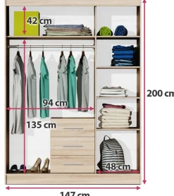 Meble Młodzieżowe|Zestawy Mebli Do Przedpokoju></noscript>Stolar Grafitowa szafa trzydrzwiowa 147 cm z szufladami i półkami BILL dąb sonoma