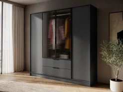 Szafy Młodzieżowe|Szafy Otwierane></noscript>PIASKI owa szafa uchylna z witryną 206 cm do sypialni KAMIS grafit