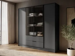 Szafy Młodzieżowe|Szafy Otwierane></noscript>PIASKI owa szafa uchylna z witryną 206 cm do sypialni KAMIS grafit