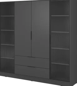Szafy Młodzieżowe|Szafy Otwierane>PIASKI owa szafa uchylna z witryną i szufladami 206 cm KAMIS grafit