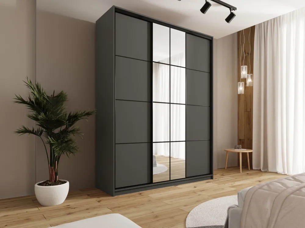 Zestawy Mebli Do Przedpokoju|Szafy Trzydrzwiowe>BROMARKT owa wysoka szafa przesuwna z lustrem 180 cm EDGE MAX grafit